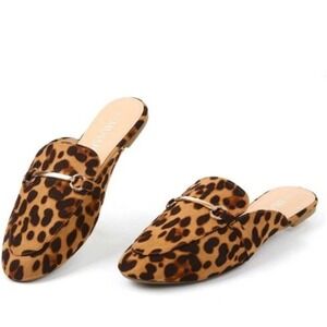 MUSSHOE Womens Mules Loafers Slip-On Leopard Horse Bit Flat Size 5 Casual Office